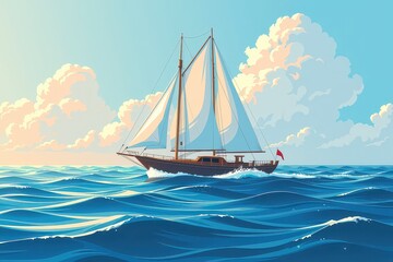 Sailboat gliding through azure waves under a bright, cloud-filled sky.