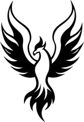 Elegant black and white phoenix emblem rising with wings spread in vector illustration