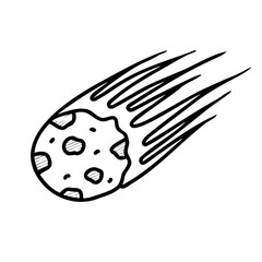 A hand-drawn comet with a rocky surface and a long tail, illustrating the concept of space and celestial bodies.