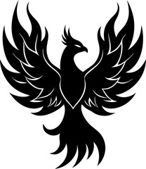 Majestic black phoenix symbol of rebirth and renewal rising with wings spread wide on white background