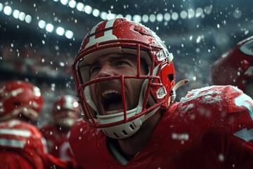 Victorious football player roaring in triumph during intense game moment under lights