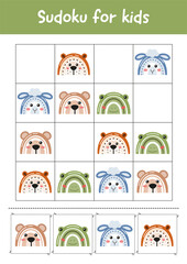 Learning activity page for kids. Printable worksheets for preschoolers and kindergarteners. Preschool kindergarten educational activity. Learning, early development game. Sudoku for kids.