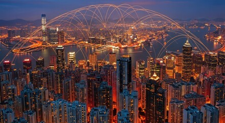 Naklejka premium Aerial view of illuminated cityscape at night with network lines connecting buildings and infrastructure