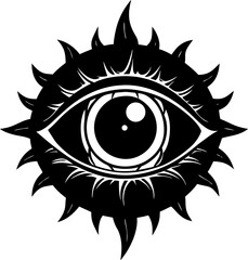 Symbolic black and white eye with sun rays embodying mysticism and spiritual insight for designs