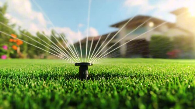 Sprinkler is watering a lawn in front of a house. The sprinkler is on the ground and the water is spraying out of it