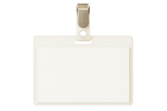 Blank name badge holder for events and conferences on a transparent background