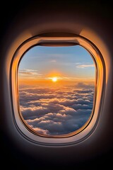 Airplane window sunrise cloudscape golden hour flight