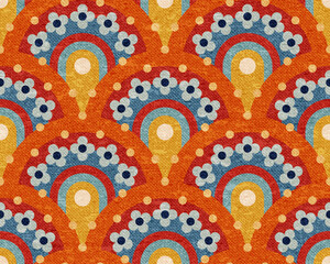 Seamless retro fan pattern. Bright radial motifs in warm textured colors. Vintage style geometric layout. Vector illustration.