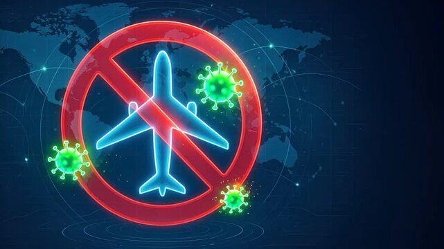 Airplane with glowing restriction symbol and floating virus icons on a dark world map background, representing travel restrictions and covid restrictions