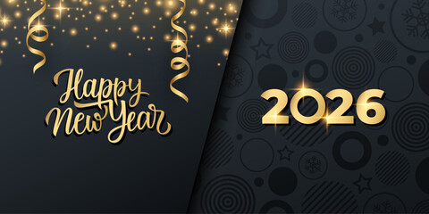 2026 Happy New Year festive banner. Hand lettering greetings. Glittering sparks and serpentine ribbons. Black and gold colors. Vector illustration.