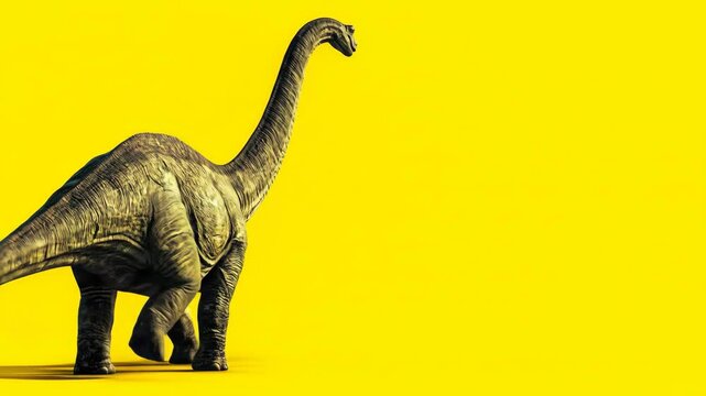 A dinosaur toy towers against a vibrant yellow background The brontosaurus figure shows detailed texture casting a subtle shadow Empty space allows for text overlay potential