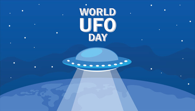 A cartoon-style UFO hovers above the Earth, emitting a beam of light. The background features a starry night sky, emphasizing the theme of extraterrestrial life.
