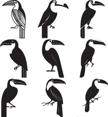 Naklejka premium Toucan Silhouette Set Featuring Nine Distinct Perched and Profile Poses in Stylized Black Vector Design