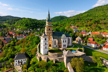 Aerial view of the Church of Saint Catherine of Alexandria in Kremnica, one of the former most important mining towns in Slovakia