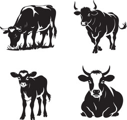 Cow silhouette set vector illustration isolated On Transparent Background