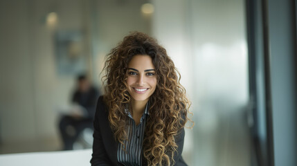 Confident Middle Eastern businesswoman smiling warmly, embodying professionalism and approachability.