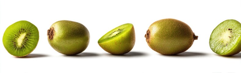 Fresh kiwi fruit, whole and sliced, against a white background
