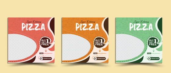 Set of fast food restaurant business marketing social media banner post template. Healthy and fresh party pizza sale online promotional ads flyer. Food menu burger or hamburger web banner with mockup