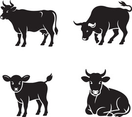 Cow silhouette set vector illustration isolated On Transparent Background