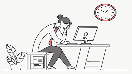 Illustration of a woman at a desk with a computer looking tired with a clock and plant behind her
