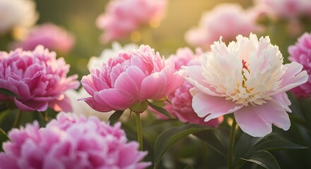 Vivid peony flowers close up nature background, summer festive floral pattern, abstract nature delicate flowery backdrop, botany environment scenery, pastel pink-white blossoming flower, sunlight