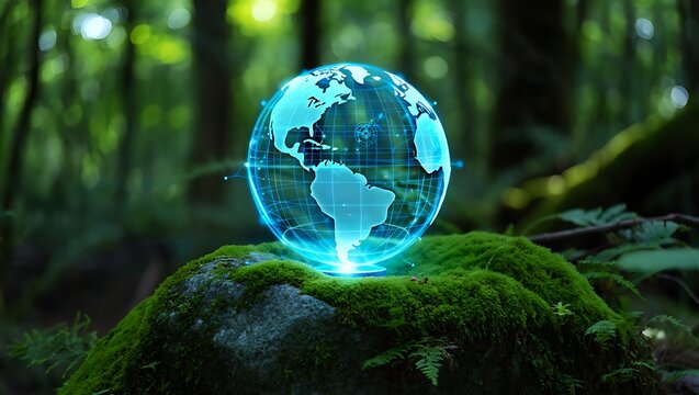 Holographic Blue Globe Floating Above Moss-Covered Boulder with Cyan Data Projections in Forest Lighting