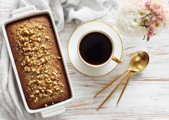 Freshly Baked Loaf With Coffee And Flowers