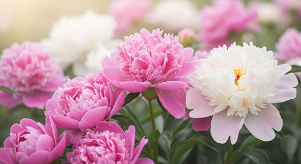 Vivid peony flowers close up nature background, summer festive floral pattern, abstract nature delicate flowery backdrop, botany environment scenery, pastel pink-white blossoming flower, sunlight