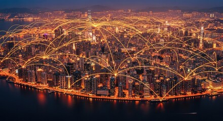 Obraz premium Aerial view of a cityscape at night with interconnected glowing lines across buildings and waterfront area