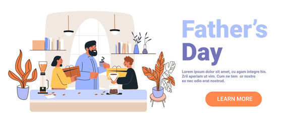 Fathers Day family celebration kitchen coffee gift giving cheerful people houseplants cozy home interior web banner
