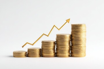 Gold coins stacked in ascending order, with a gold upward trendline
