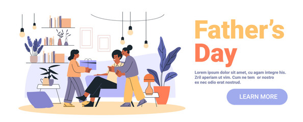 Fathers Day family celebration gift giving living room scene with cheerful people plants modern decor cozy home interior website banner