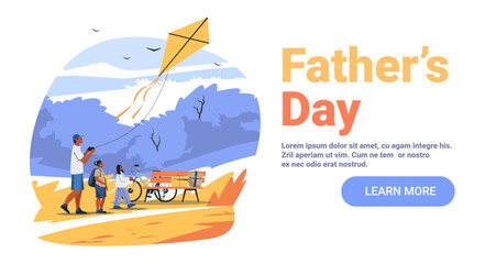 Father's Day family outdoor activity kite flying park scene dad children bench bicycle blue yellow website banner © mast3r