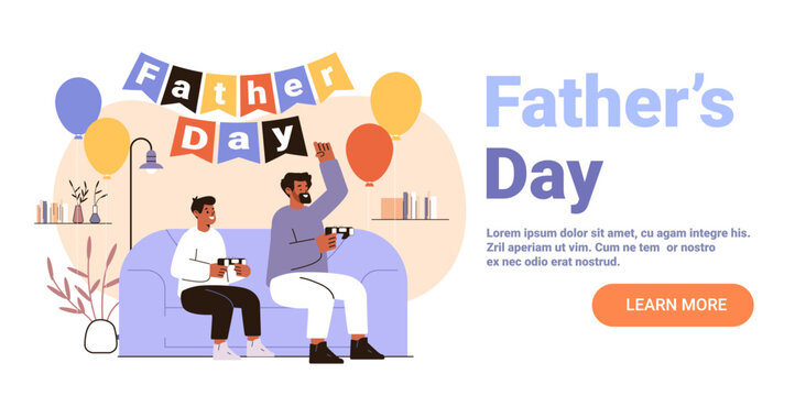 Father and son playing video games together celebrating holiday with balloons festive home decor sofa living room interior website banner