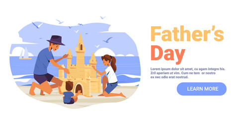 Father and children building sandcastle beach family holiday summer seascape birds sailboat playful scene website banner