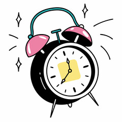 Cartoon alarm clock illustration with pink bells on a transparent background