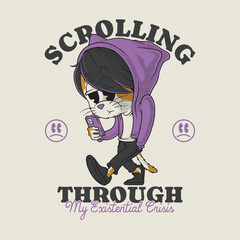 retro cartoon walking emo cat mascot holding smartphone