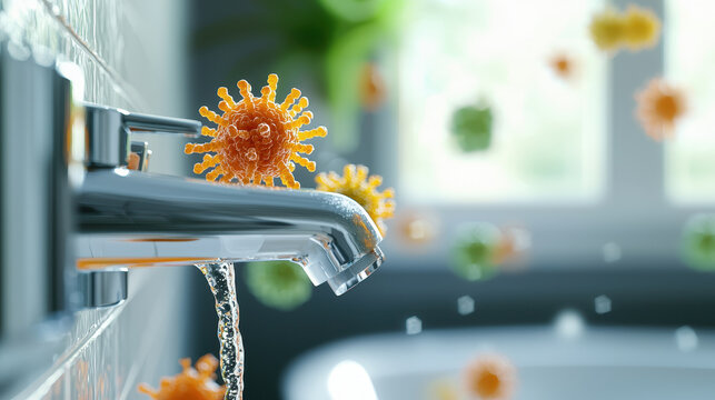 Bacteria on bathroom faucet with water flowing, showcasing vibrant microorganisms in clean environment