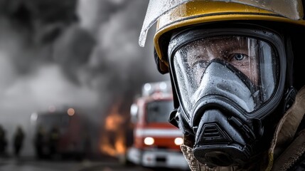 Focused Firefighter in Protective Gear During Blaze