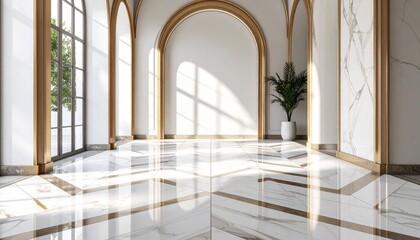 Chevron marble flooring intersected by bronze divider strips, casting soft morning shadows through arched window light. 