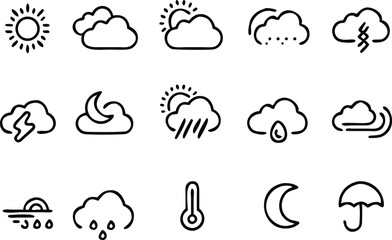 Fototapeta premium Collection of weather thin line icons, sun, cloud, moon, wind, thermometer isolated on white background, weather business concept, vector illustration
