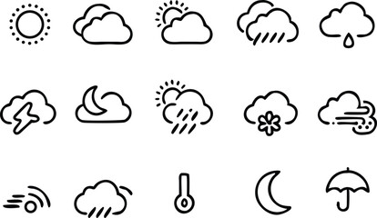 Collection of weather thin line icons, sun, cloud, moon, wind, thermometer isolated on white background, weather business concept, vector illustration
