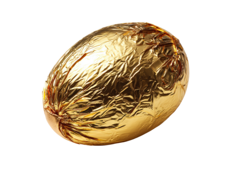 Golden Chocolate Egg: A single, luxurious chocolate egg wrapped in shimmering gold foil, perfect for Easter, holidays, or special occasions. 