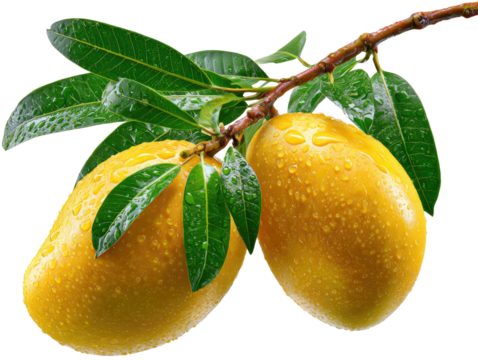 Mango Paradise: A pair of ripe, glistening mangoes, each adorned with droplets, hang from a verdant branch alongside lush green leaves, creating a vibrant illustration of nature's bounty.
