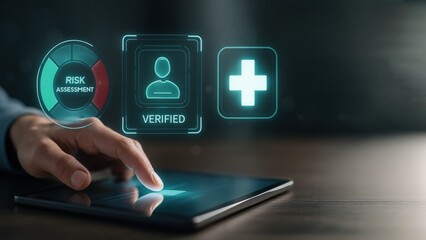 Businessman tapping on tablet with floating compliance icons, showing digital workplace tools for risk assessment, work safety, and legal standards