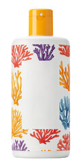 White sunblock bottle with colorful coral reef design for skin protection