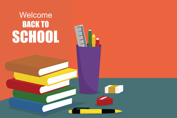Back to school backdrop. Complete with stationery, stack of books, rulers, and school accessories. For posters, banners, flyers, and sales banners.