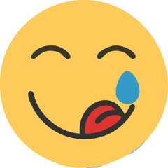 Yummy face smiley icon delicious with tongue lick mouth, tasty food eating emoticon face on yellow background, tasty emoji with saliva drops, smile vector cartoon line style