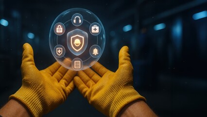 Worker wearing gloves holding glowing safety and compliance icons, showing focus on work safety, proper gear, and workplace risk assessment