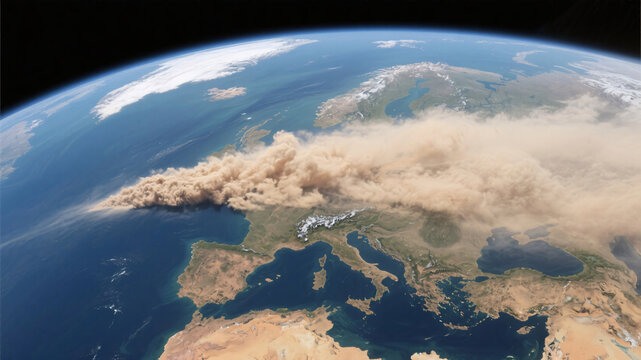 Powerful satellite perspective of airborne Saharan dust drifting westward across the sea in mesmerizing natural patterns